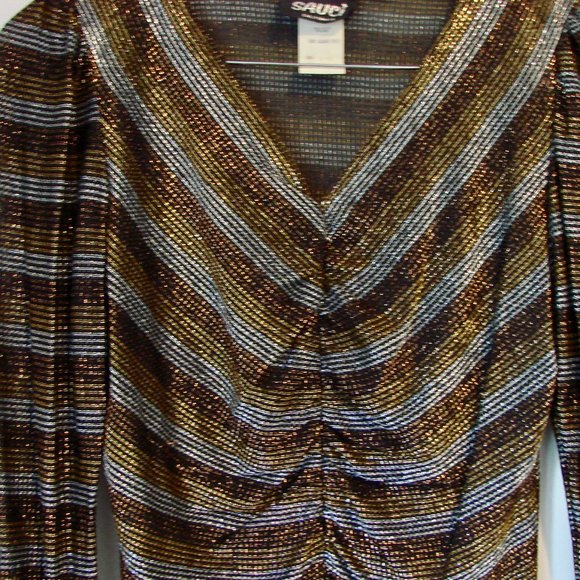Vintage Metallic Top Shiny Sparkle Disco V-neck Ruched Top Holiday Party Medium - Picture 6 of 11